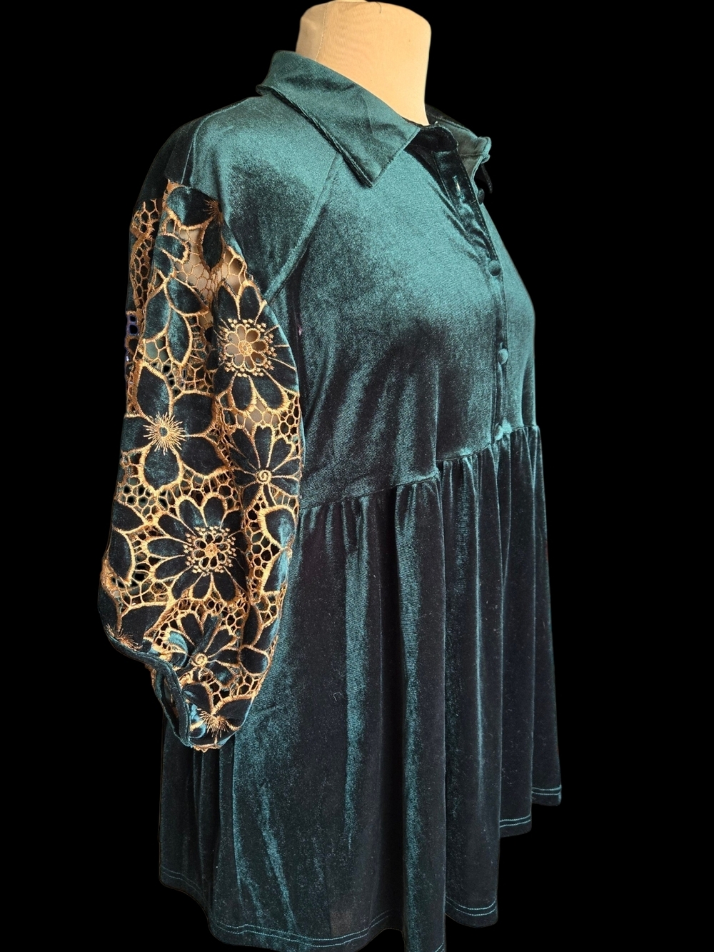 Umgee Teal Velvet Button-Front Tunic with Crochet Lace Sleeves - Picture 2 of 6